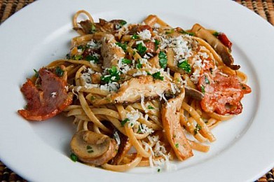 Рецепт спагетти с беконом и грибами